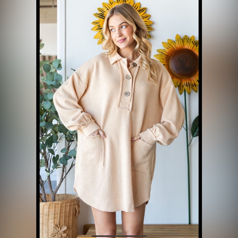 Beige Oversized Button-Up Pullover Dress